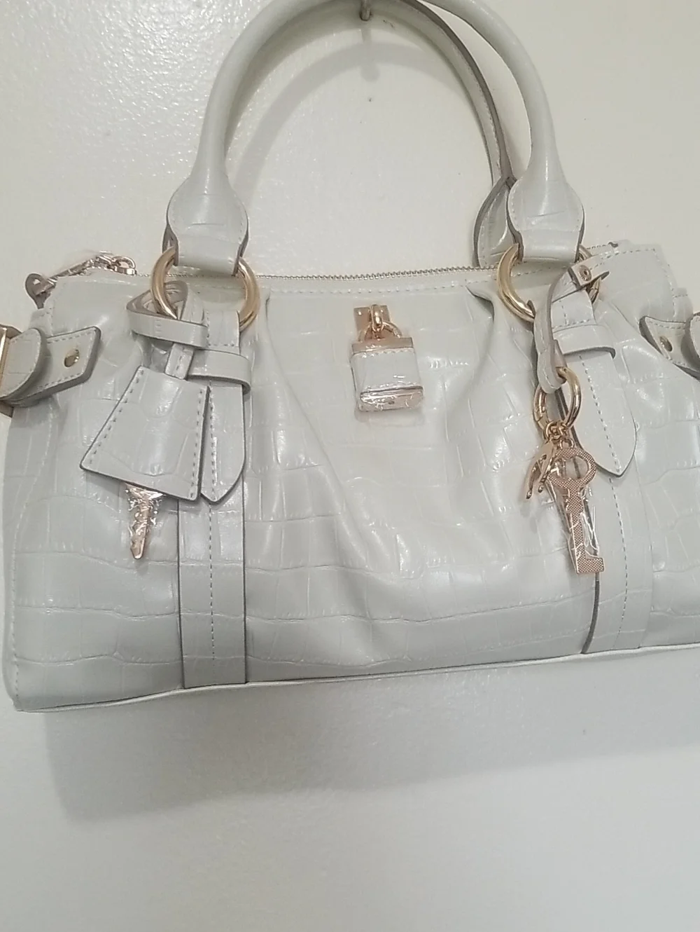 Aldo White Croc-Embossed Satchel with Gold Accents